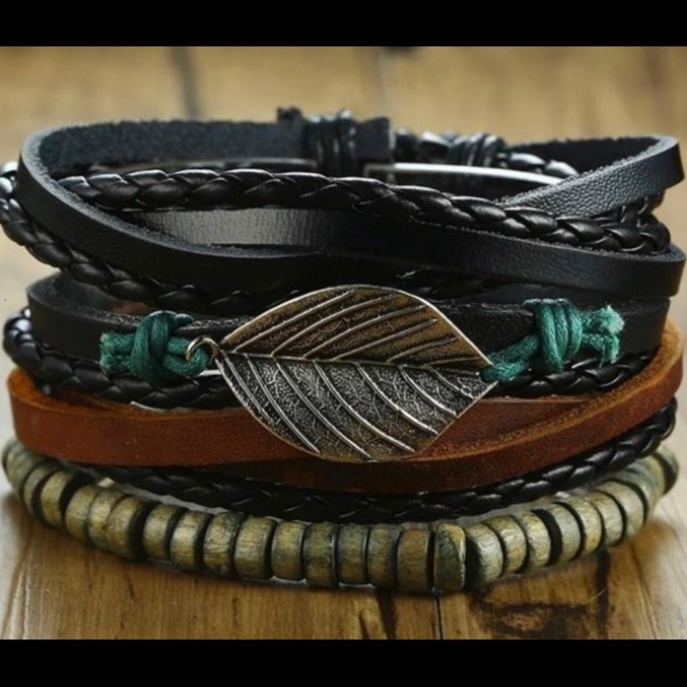 4Pcs/ Set Braided Wrap Leather Bracelets for Men
